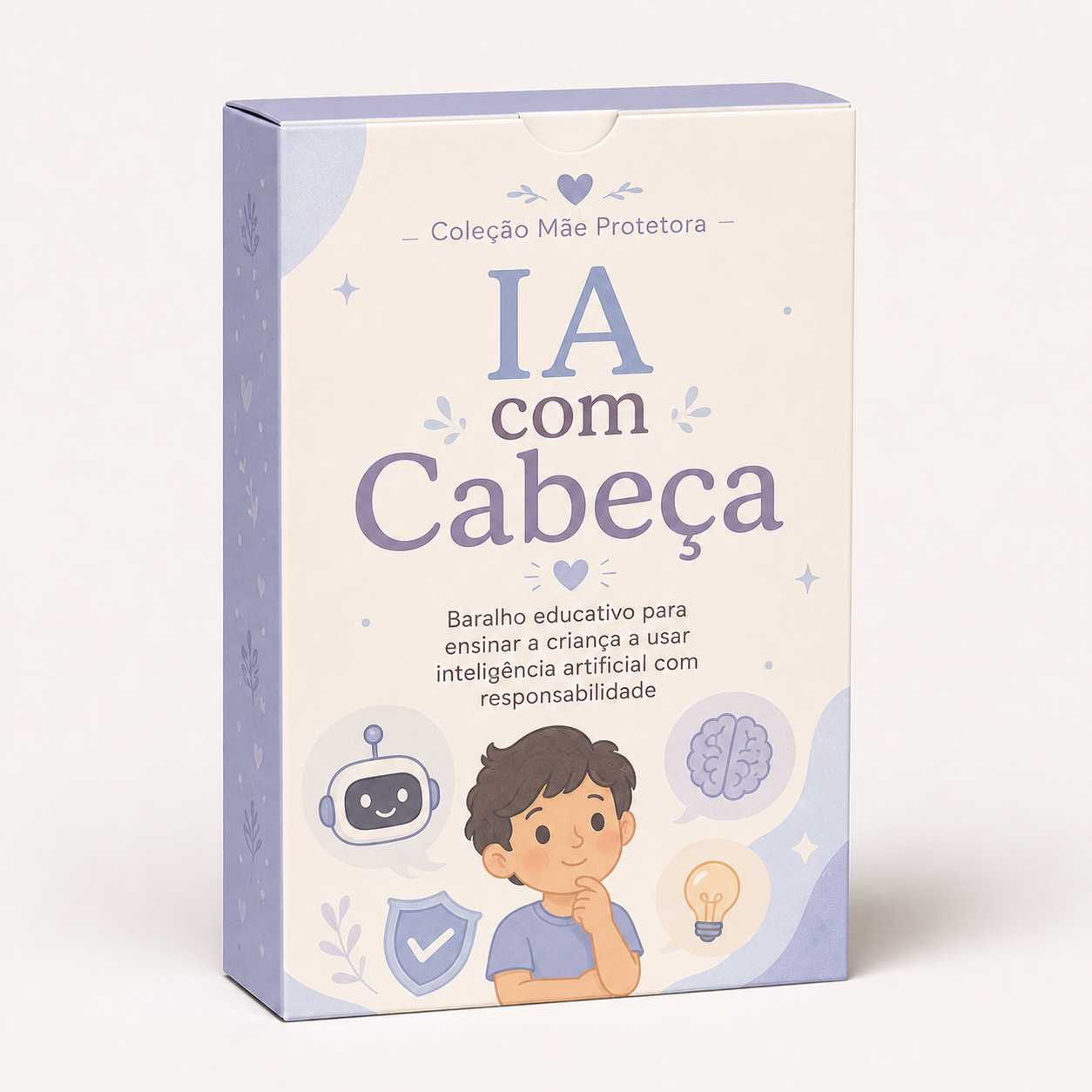 Carta ilustrada do baralho IA com Cabeça, com um robô amigável e uma lâmpada de ideia