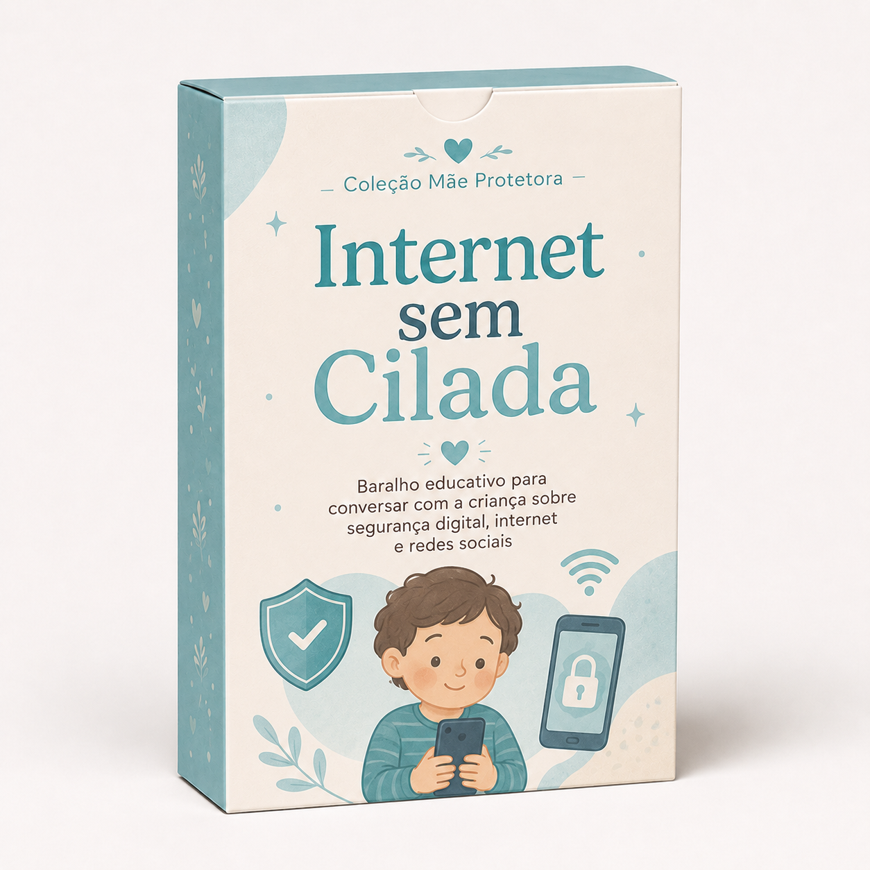 Carta ilustrada do baralho Internet sem Cilada, com um tablet e um escudo de proteção
